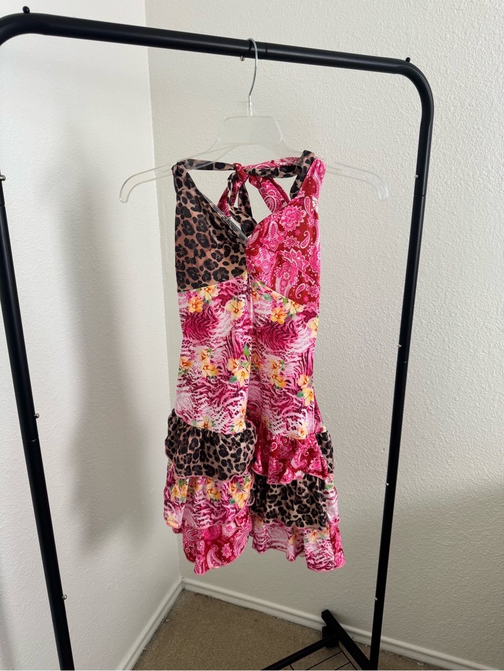 Women's Pink Mixed-Print Ruffle Mini Dress